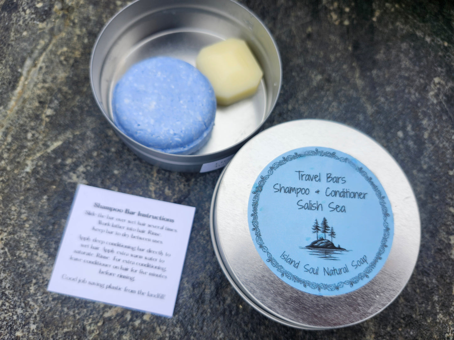 Travel Tin with Salish Sea shampoo and Sea Buckthorne oil conditioner bar