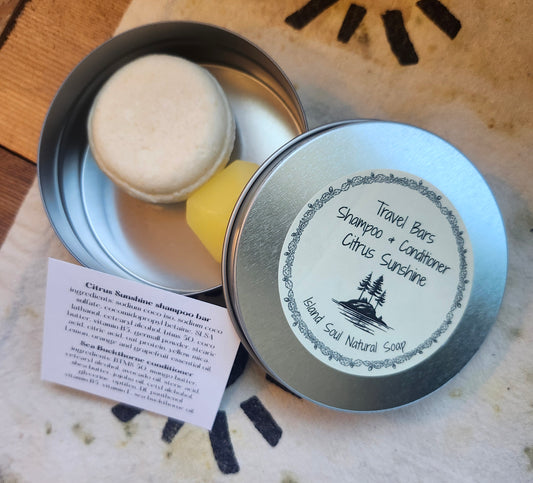 Travel Tin with Citrus Sunshine shampoo and Seabuckthorne oil conditioner bar