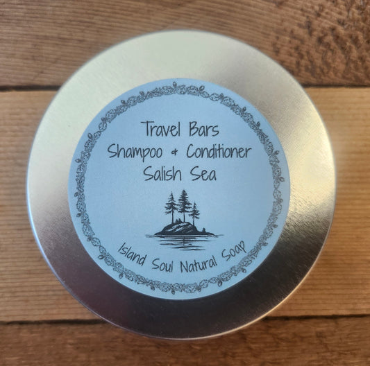 Travel Tin with Salish Sea shampoo and Sea Buckthorne oil conditioner bar